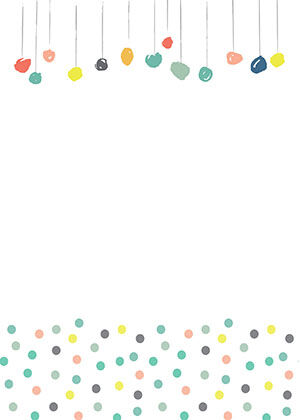 Balloons hanging from ribbons across the top and scattered confetti below, on white.