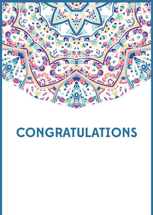 A blue and violet kaleidoscope pattern arching over "Congratulations".