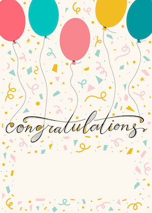 Coloured balloons and confetti above "congratulations" in gold script.