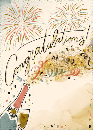 A champagne bottle and glass beneath gold fireworks, with "Congratulations!" in script.