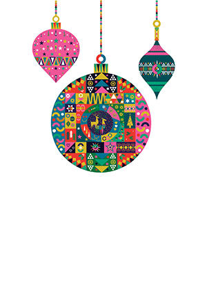 Three patterned baubles hanging on cords.