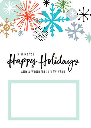Bright snowflakes above "Wishing you Happy Holidays and a wonderful New Year", with a mint message panel.