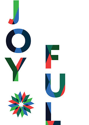 "Joyful" set in tall colour-blocked letters with two paper stars.