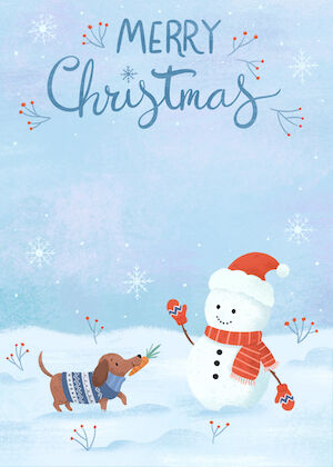 A snowman and a dachshund in falling snow under "Merry Christmas".