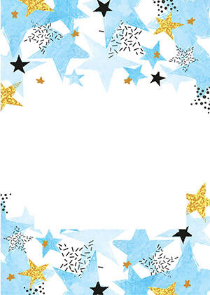 Blue, gold and black stars scattered across the top and bottom edges, open white ground between.