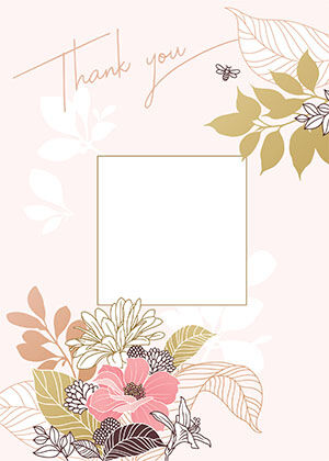 Thank You card: gold and pink botanicals on blush, with a gold-ruled blank message panel.