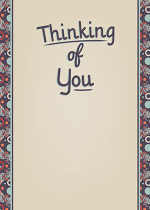 Patterned side panels flanking a cream centre, with "Thinking of You" hand-lettered.