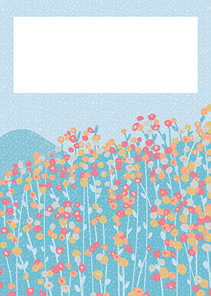 Thinking of You card: a meadow of pink and orange wildflowers under a pale sky, with a blank message panel across the top.