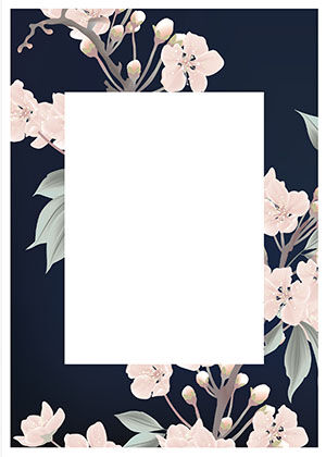 Pale blossom and eucalyptus on navy, framing a white message panel.