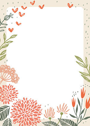 Coral dahlias, ferns and small hearts on cream around a white message panel.